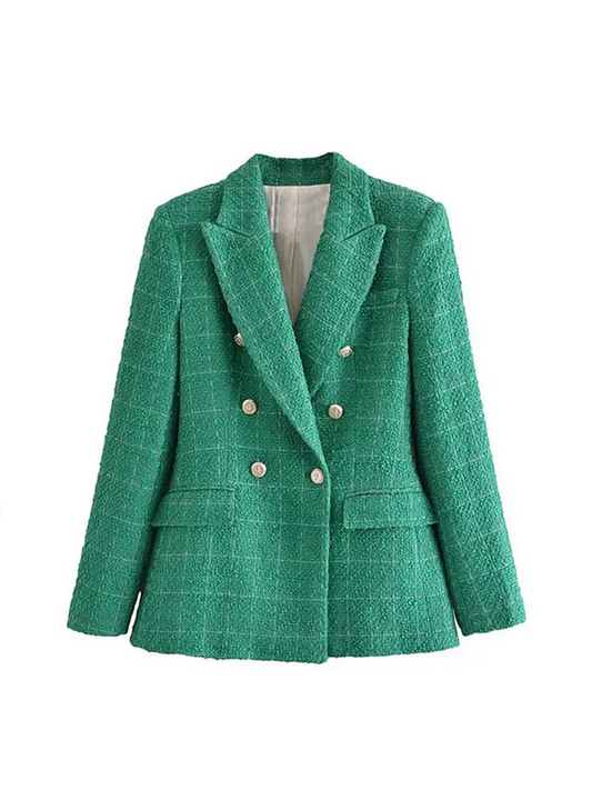 Green Long-Sleeve Double-Breasted Woollen Blazers  For Woman