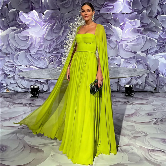 Lime Green Long Evening Dresses with Cape Sleeves