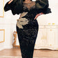 BLACK SEQUINS PLUS SIZE PUFF SLEEVE PARTY DRESS FOR WOMAN