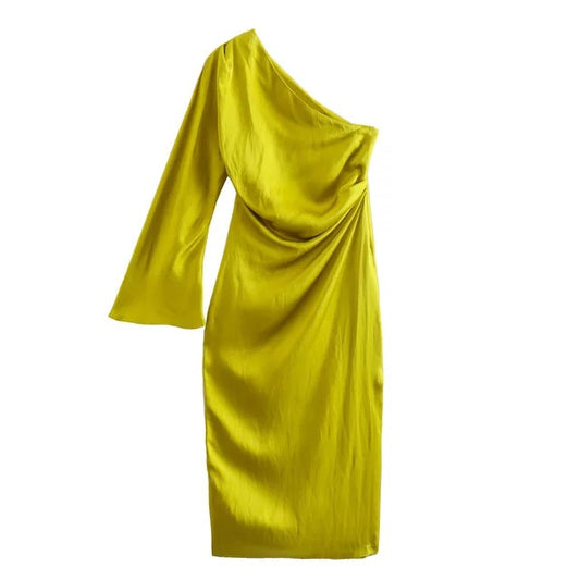 Yellow One Shoulder Slit Satin Midi Dress