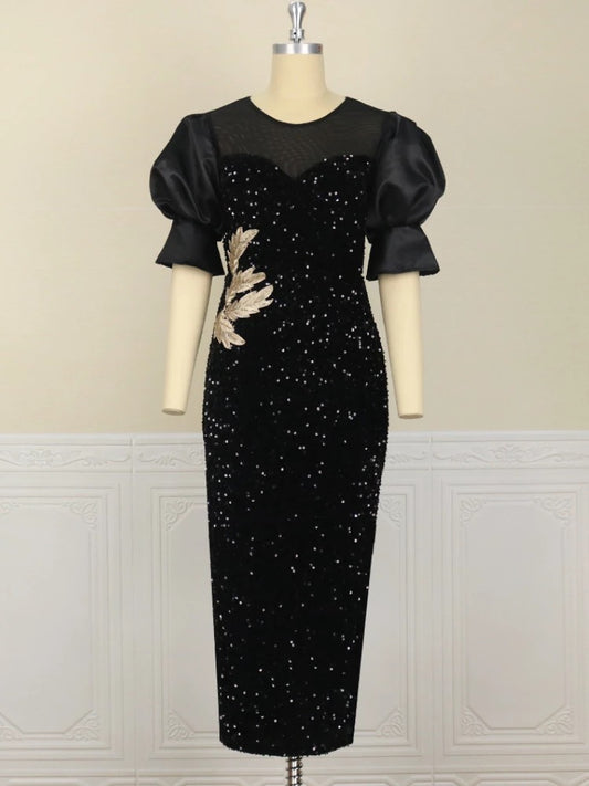 BLACK SEQUINS PLUS SIZE PUFF SLEEVE PARTY DRESS FOR WOMAN