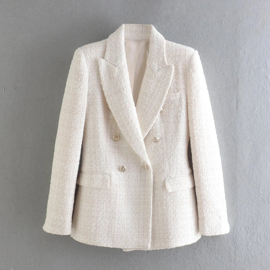 Cream Color Tweed Women Formal Winter Blazer