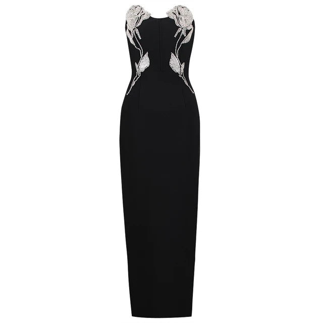 Black Rose Embroidered Long Bandage Party Dress For Woman