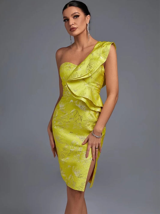 Jacquard yellow and Blue Elegant Sexy Midi Evening Dress