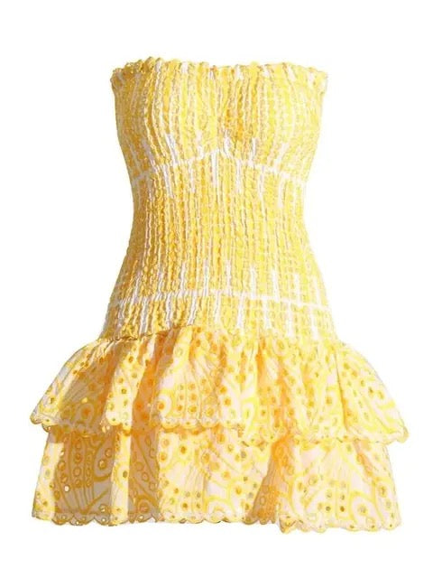 Smocked bodice embroidered mini cutout summer dress