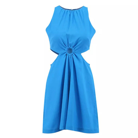 Linen Jumpsuit For Women Blue Hollow Out O-Neck Sexy Suits