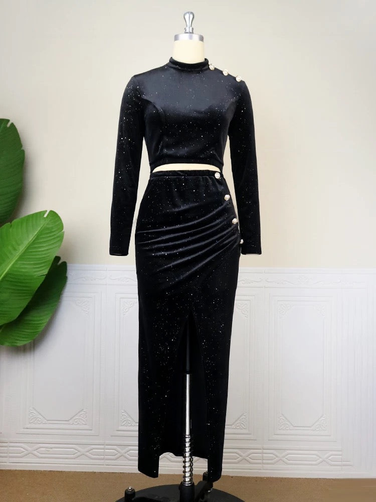 BLACK VELVEL TWO PIECE TOPS AND SKIRT  FOR PLUS SIZE WOMAN