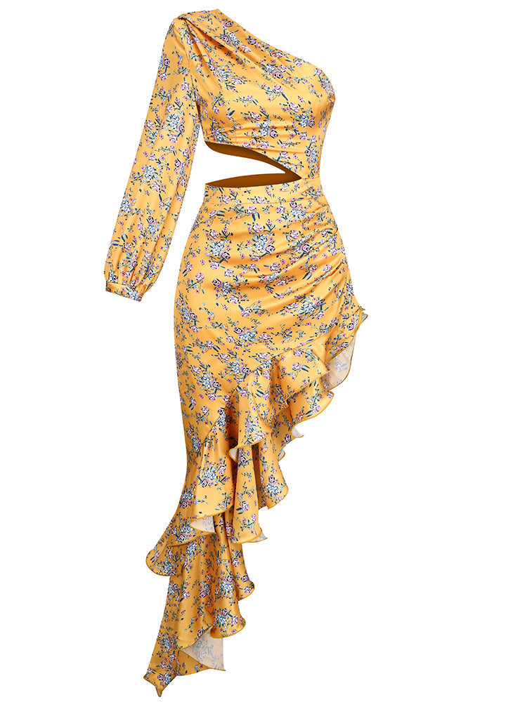 YELLOW ONE SHOULDER CUT OUT MAXI FLOWERS DRESS