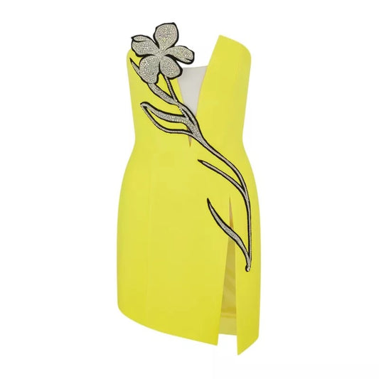 Yellow and White Flower bandage bodycon diamond party club mini dress